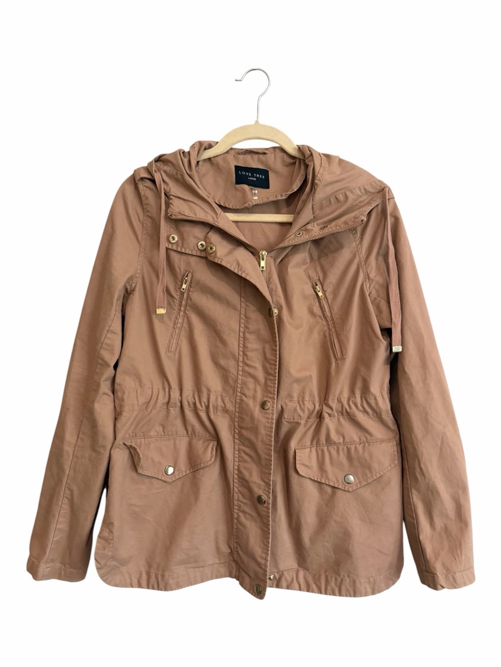 Love Tree Tan Hooded Utility Jacket Field Coat Lightweight 100% Cotton Sz Large
